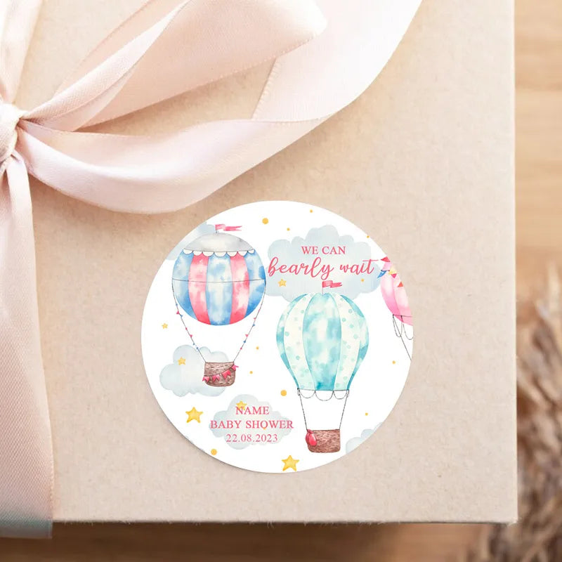 Custom Round Stickers Cartoon Hot Air Balloon Baby Shower Favor Stickers Personalized Customize Name Date Text Kids Gift Labels
