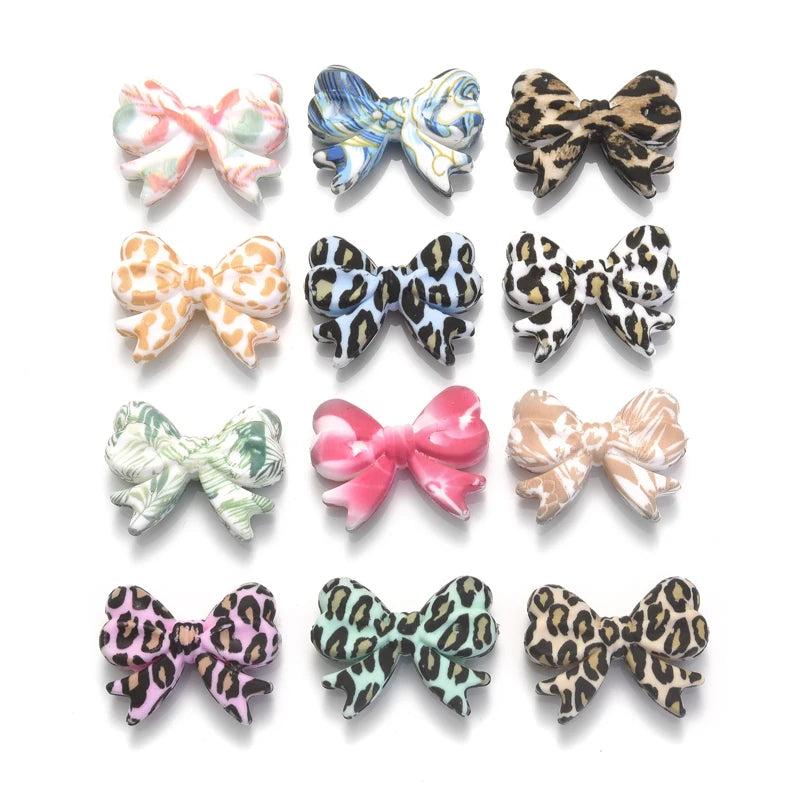 5Pcs Leopard Print Bows Silicone Beads 22x28mm Baby Teething Teether Beads DIY Baby Pacifier Chain Bracelet Care Chew Toys Gifts